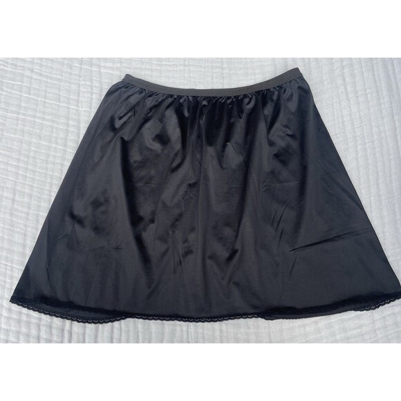 Vintage Vanity Fair Satin Mini Skirt Half Slip Women Large Black Nylon Lace Trim - Picture 2 of 11